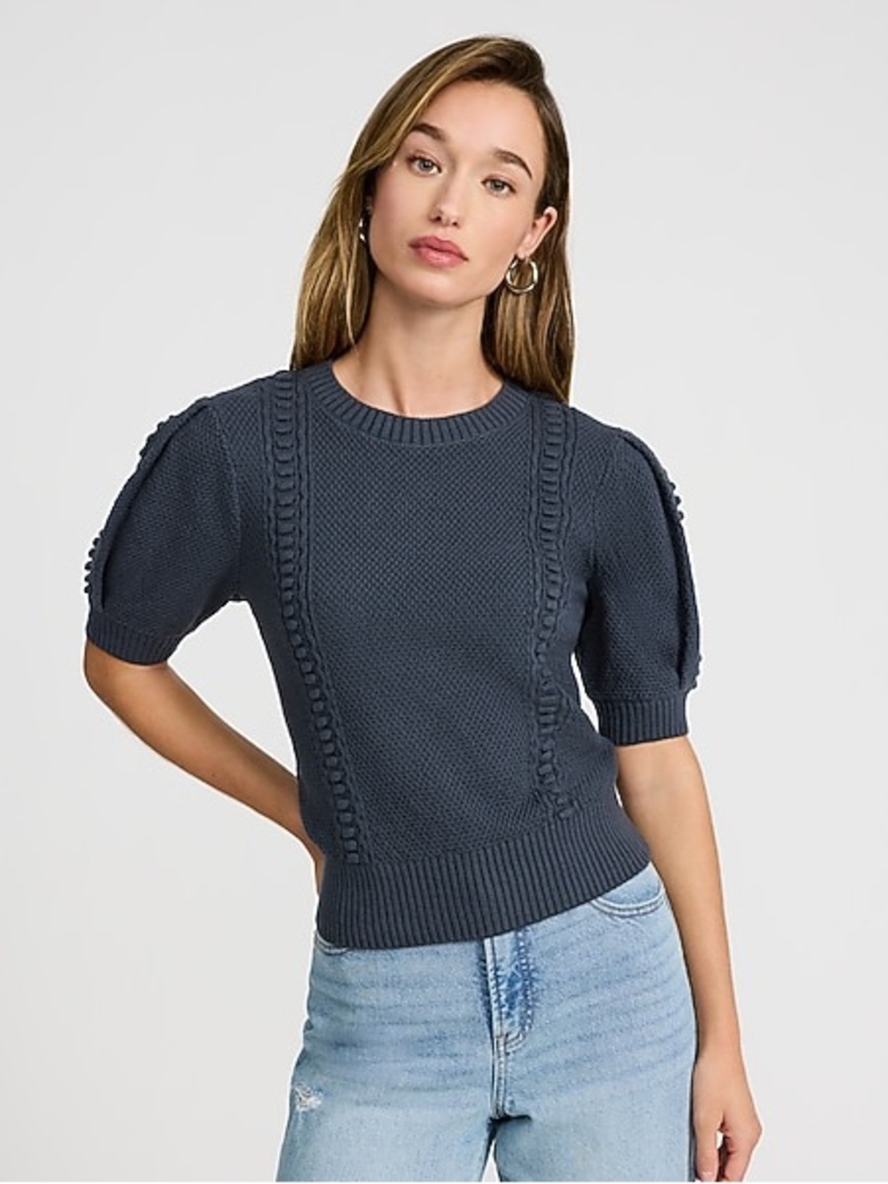 EXPRESS Cotton Textured Crew Neck Puff Sleeve Sweater in Slate Blue Sz M NWT